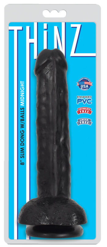 Thinz 8 Inch Slim Dildo with Balls - Black - Image 2