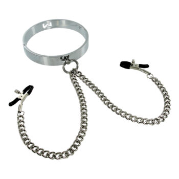 Chrome Slave Collar with Nipple Clamps - SmallMedium - Image 2