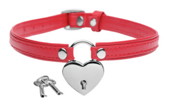 Heart Lock Leather Choker with Lock and Key - Red - Image 3