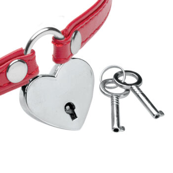 Heart Lock Leather Choker with Lock and Key - Red - Image 4