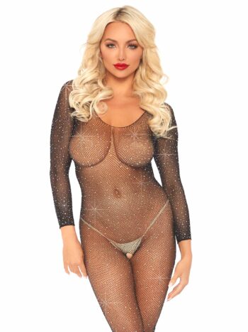 Rhinestone Fishnet Long Sleeved Crotchless Bodystocking - Image 4