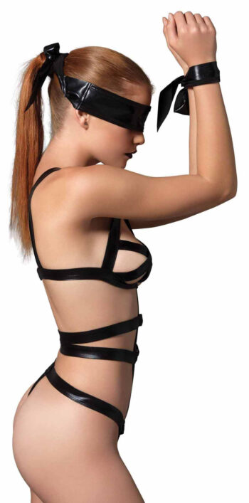 3 Piece Wet Look Bondage G-String Teddy with Restraints - Image 3