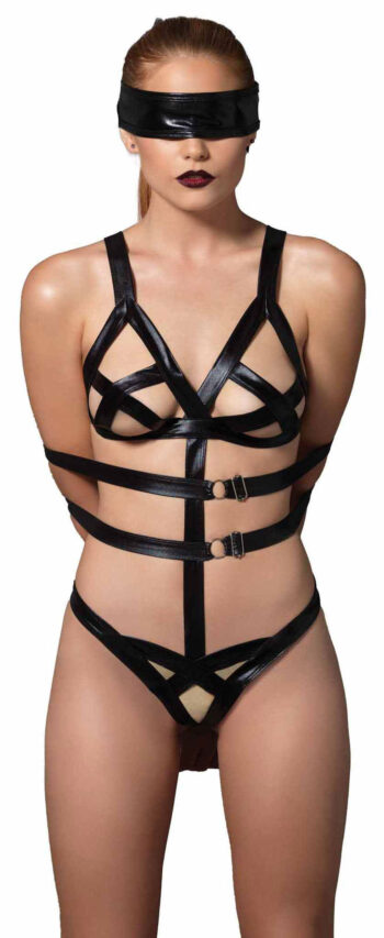 3 Piece Wet Look Bondage G-String Teddy with Restraints - Image 2